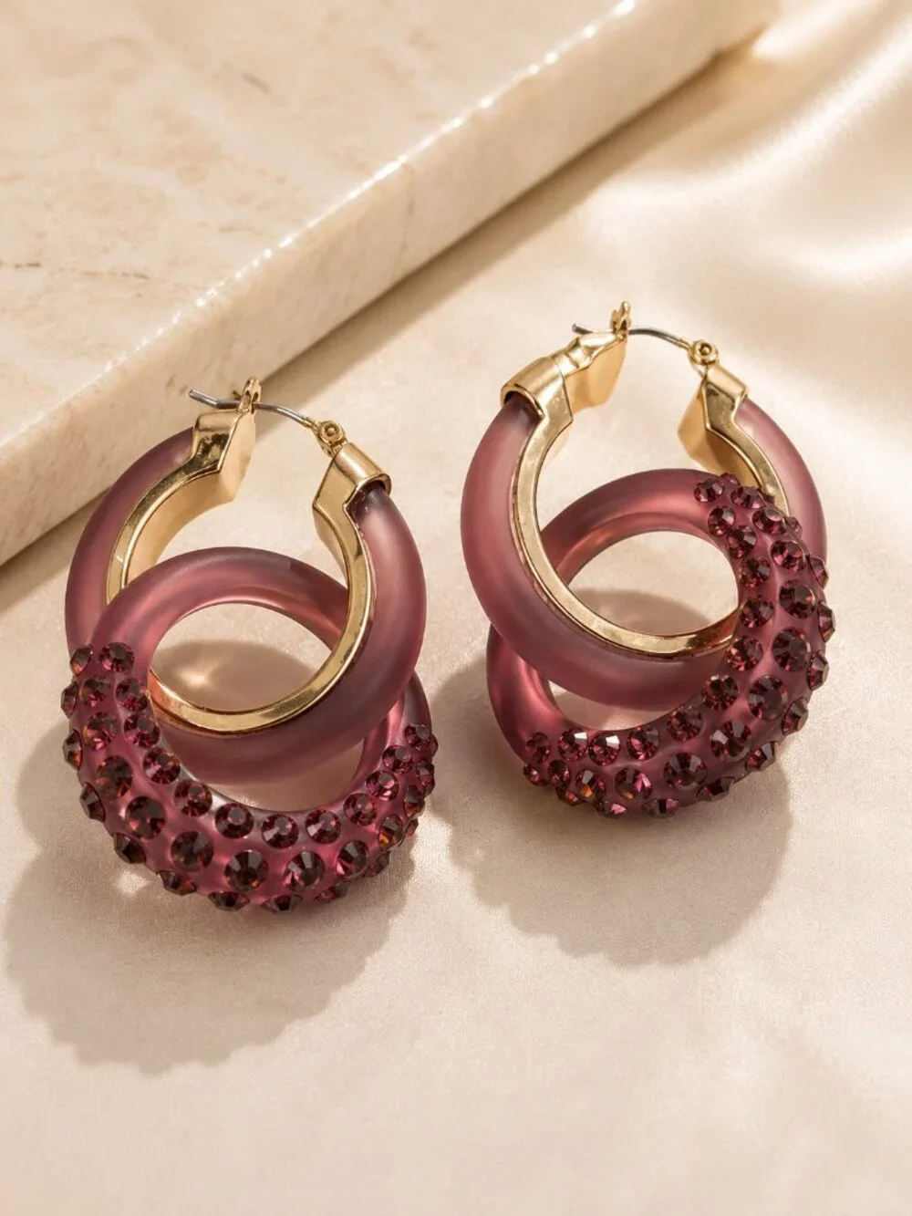 Mauve Crystal Hoop Earrings – Gold Tone Resin Statement Women's Fashion Jewelry